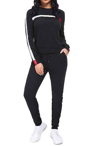 KANSOON Women Stripe Patchwork Two Piece Sweatsuit Round Neck Pullover and Skinny Long Pants Sets4