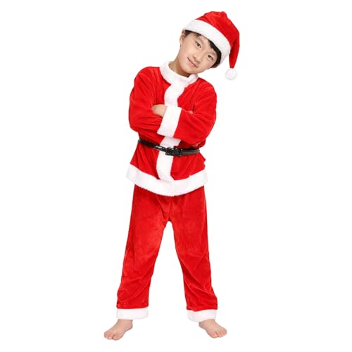 Generico Vestito Babbo Natale Bambino Costume Babbo Natale per Ragazzi 4Pcs Christmas Santa Set for Unisex Kids (A Set, 6-7 anni)
