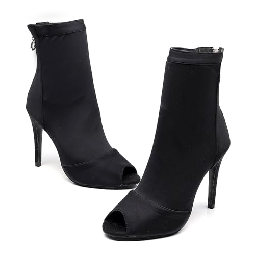 Swdzm FRE-QJW1022-BLACK-8.5ZG-36 Women Ballroom Dance Shoes Peep Toe Latin Salsa Performance Party Ankle Dance Boots,Black,Heel 3 1/3 Inch,Rubber Sole,6 Us thumb #2