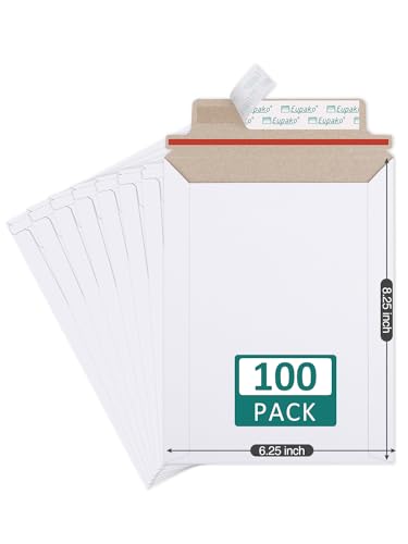 Eupako 100 Pack 6x8 Photo Document Mailer White Stay Flat Self-Seal Cardboard Envelopes for CDs, Pictures, Documents, 6.25 x 8.25 Inches