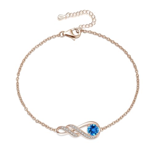 LOCIBLO November Birthstone Bracelets for Women 925 Sterling Silver Synthetic London Blue Topaz Bracelet Rose Gold Plated Infinity Pendant Jewellery for Her, 6.7"+1.2"