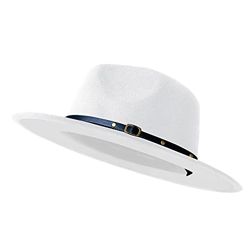 KUJUHA Wide Brim Fedora Two Tone Dress Hat, White, Large-X-Large