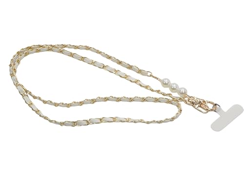 Crossbody Phone Lanyard for Women Adjustable Universal Phone Strap with Pearl Accent Gold-Tone Metal Chain & PU Leather Classic Style (White)