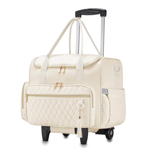 SUCIKORIO Rolling Laptop Bag 17.3 Inch With Insulated Lunch Bag 3 IN 1 Rolling Briefcase for Women Waterproof Teacher Tote Bag With Wheels With Detachable Trolley for Office, College, Nurse, White