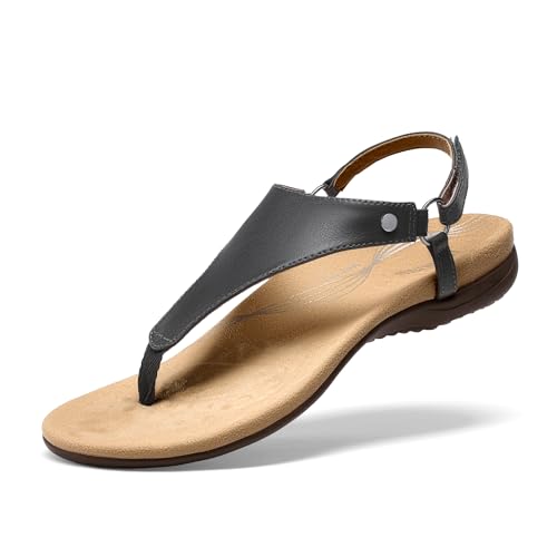 DREAM PAIRS DREAM PAIRS Women's Flat Sandals Arch Support Orthopedic Comfortable Soft Cushion Summer T-Strap Walking Thong Sandals,Size 10,Grey-Pu,SDFS2407W