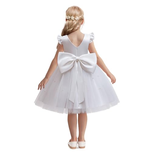 Image of NNJXD Princess Girl Birthday Party Dress Bowknot Kids Dresses Flower Wedding Gown 2070 White (5Y) 5-6 Years