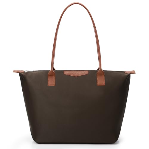 DIXEIGHT Tote Bag for Women, Nylon Top-Handle Purse with Zipper, Lightweight Foldable Shoulder Hobo Handbag, Brownness, Large