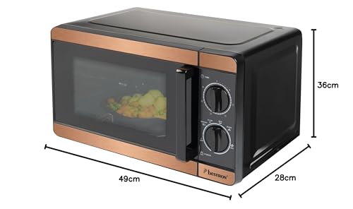 Bestron 700 Watt Mikrowelle, zweiteiliges Kontrollpanel mit 6 Leistungsstufen & 30Min. Timer, stufenlos regelbar, mit 24,5cm Drehteller für alle gängigen Größen, Copper Collection, Farbe: Kupfer