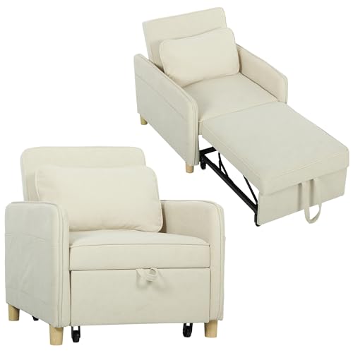 HOMCOM Schlafsessel 180x60cm 3 in 1 Umwandelbarer Sessel mit Bettfunktion, Breiter Sitzfläche, Verstellbarer Rückenlehne, Lendenkissen Schlafsofa mit Seitentaschen, Mais-Samtoptik für Wohnzimmer Beige