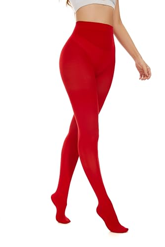 Hiltzo Collant Donna 80D Vita Alta Morbida ed Elastica Effetto Semi-Transparente Collant Taglie dalla XS alla 3XL Rosso XXL-3XL