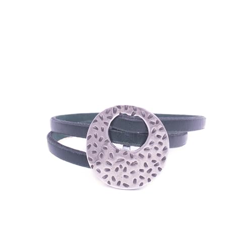 NILUXE DESIGN -Pulsera Mujer Cuero y Zamak Bañada en Plata - Pulsera Plata Mujer- Brazalete Envolvente de Cuero Autentico Marrón o Verde - Ajustable Estilo Boho-Chic Festivales