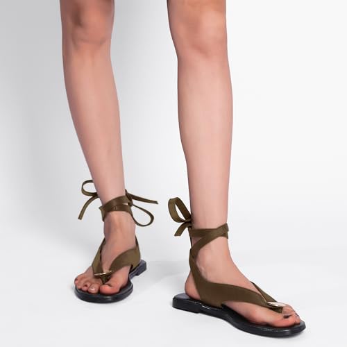 Strap Flip Flop Flat Sandals for Women with Metal Circular Ankle Strappy Ladies Fashion Cute Summer Thong Sandals Dressy.