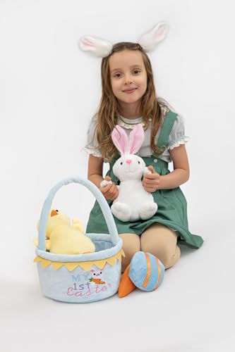 Image of My First Easter Basket Stuffed Plush Playset Baby's First Easter Basket Stuffed Cartoon Bunny Easter Egg Plush Basket for Kids 5pcs (Blue)