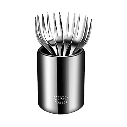 6 Fruit Forks Salad Set, Stainless Steel Flatware with Storage Tube, Food Picks Accessories, Small Table Forks, Pastry Tasting Appetizer Cocktail for Cake Dessert Marshmallow, Silver Cover