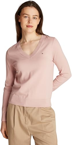 Tommy Hilfiger Pullover Donna Jersey V-Neck Pullover in Maglia, Rosa (Foggy Pink), XXS