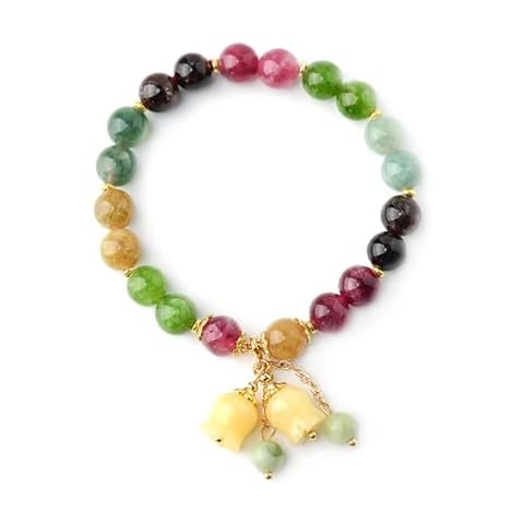 Assote Natural Colored Tourmaline Bracelet, Hand Carved Lily of the Valley Flower Pendant Bracelet, Good Luck Jade Bead Bracelet for Women, Crystal Beaded Flower Charm Bracelet (style 01) Cover