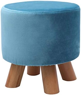 Round Wooden Support Upholstered Footstool Ottoman Pouffe Padded Chair Stool with Removable Flannel Cover,4 Beech Legs (Blue)