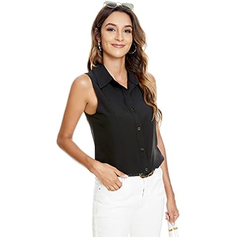 Atnlewhi Womens Button Down Shirts Sleeveless Basic Casual Solid Summer Blouse Tops Black Cover