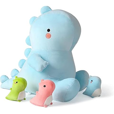 shownicer Plush Pillow, Cute Dinosaur Plush Mommy with 3 Baby Dino Plushies, Soft Toy, Stuffed Animals, Cuddly Toy, Fluffy Doll Cuddle Cushion for Sofa Bed, Hugging Pillow Gift for Kids Girls Boys Cover