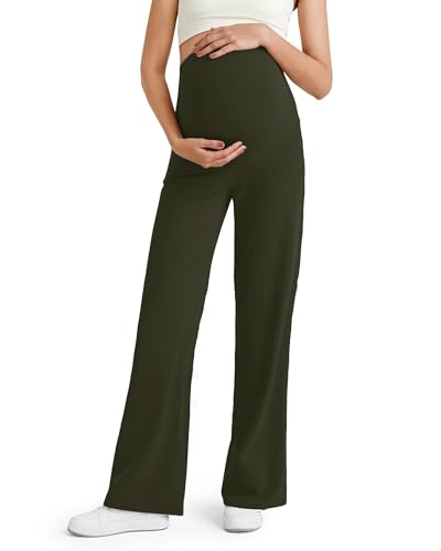 Eavoqinjiaf Maternity Pants Lounge Wide Leg Trousers Lightweight Over The Belly Work Pregnancy Pants Stretchy with Pockets Army Green