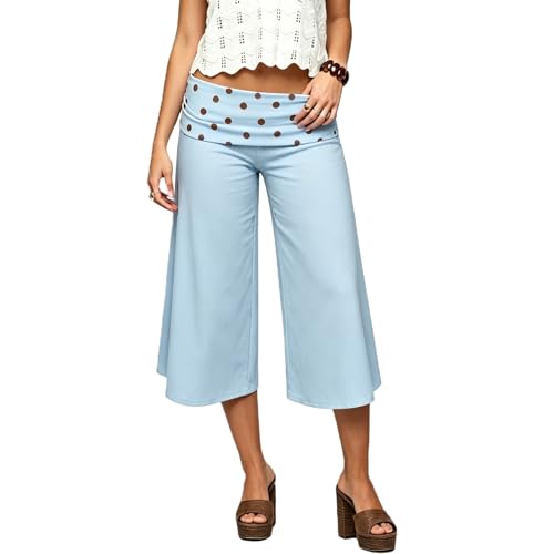 RUEWEY Women Fold Over Capri Pants Low Rise Wide Leg Yoga Capris Going Out Flowy Gaucho Pants Streetwear (Dot Blue, M)