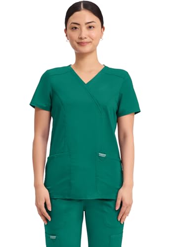Cherokee Scrubs Top for Women Mock Wrap with 3 Pockets, Soft, 2-Way Stretch & Durable Fabric - WW610, L, Hunter Green