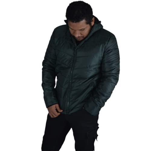 Image of Popoqo Mens Hooded Jacket Lightweight Padded Quilted Puffer Zip Pockets Warm Outdoor Premium Quality Coat-Green-M