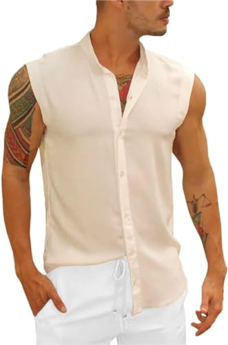 Runcati Ärmelloses Herren Hemd Tank Top Sommer Baumwollenhemd Muskelshirt für Herren Urlaub Freizeit Hemdbluse Universal Fit Beige L