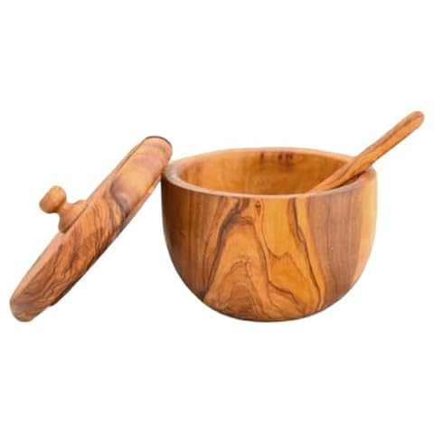 Kamsah Olive Wood Sugar Bowl & Salt Cellar with Lid and Spoon - Handcrafted Wooden Salt or Sugar Container Set for Kitchen and Serving - 5 oz - Rustic Farmhouse Style for Countertop or Table Cover