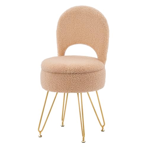 WROCFURSTAR Storage Ottoman Vanity Stool Chair with Folding Back Teddy Velvet Makeup Chair Multifunctional Upholstered Footstool,4 Metal Legs with Anti-Slip Feet for Bedroom Living Room Entryway