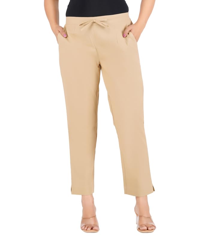 GoSriKi Womenâ€™s Cotton Trouser Pants Straight Fit Regular Kurti Pant Soft Breathable Mid-Waist Trousers Daily Office Formal Casual Wear in neutral