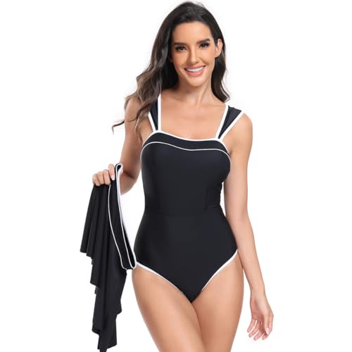 JELEUON Women's One Piece Swimsuits with Skirt Cover up Swim Dresses Skirt Bathing Suit Black