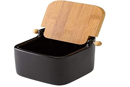 Home Line Salero Cuadrado de cerámica con Tapa de Madera, Negro, 12x12x11 cm Cover