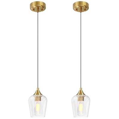 VONLUCE Pendant Lights Kitchen Island, Brushed Gold Pendant Light Fixtures with E26 Base & Adjustable Cable, Modern Pendant Lighting with Glass Shade for Living Room Bedroom Hallway, 2 Packs