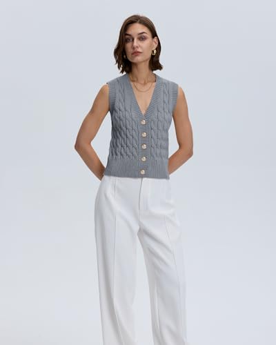Locachy Women's V Neck Sleeveless Cable Knit Sweater Vest Soft 2025 Summer Button Front Cardigan Tank Tops4