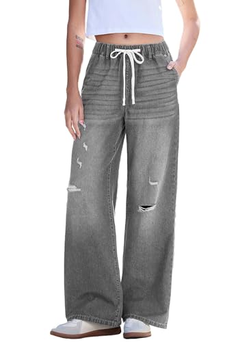 Dokotoo Wide Leg Ripped Jeans Pants for Women Loose Fit Stretch Mid Rise Cargo Boyfriend Drawstring Baggy Denim Pants Casual Trendy with Pockets Medium Grey 2026