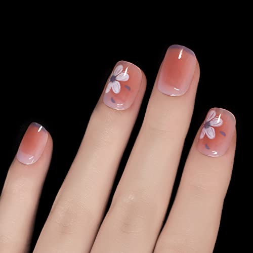 Pink Ombre White Flower Blue Tips Short Round Glossy False Nails Cute Painting Art Design Daily Fake Nails Manicure Salon Gel Polish Woman Girl Gift Finger Art Artificial Daily Party Date 24 Pcs/Kit #TOP6
