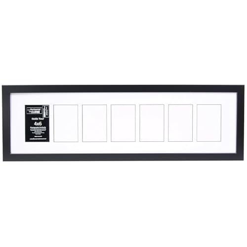 Creative Letter Art 4” x 6” Multiple Opening Picture Frame Collage with 7 holes, Manhattan Black Frame with 10 x 36-inch White Mat, Full-Strength Glass, Photo Collage for Wall, 7 Openings