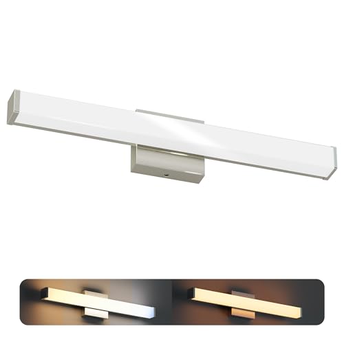 Image of 24 Inch Bathroom Vanity Light Fixtures with Night Light: Long Square Wall Mounted LED Lighting Bar over mirror with 5CCT & 2200K Color Changing, 120V, 1230-1350lm, ETL, Brushed Nickel, 1-Pack