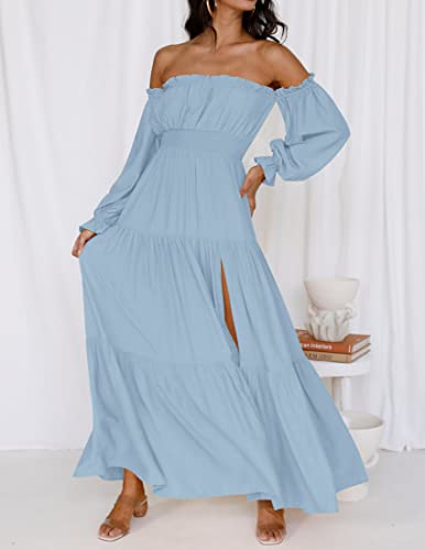Zesica Women's 2023 Boho Sexy Off Shoulder Long Sleeve Smocked High Waist Side Split Flowy A Line Tiered Long Maxi Dress,Lightblue,Small #TOP2