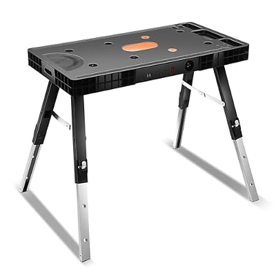 Auto Dynasty 3-in-1 Folding Workbench Portable 150kg(330lbs) Capacity Work Table/Saw Horse/Scaffold/Car Creeper/Dolly Mode with Side Chargers and Adjustable Height for Garage, Carpentry, and Workshop