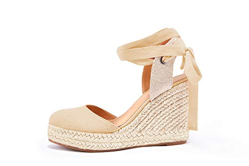 Image of FISACE Womens Summer Espadrille Heel Platform Wedge Sandals Ankle Buckle Strap Closed Toe Shoes