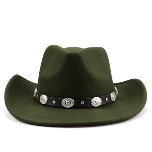 Image of DRESHOW Women Men Classic Felt Wide Brim Western Cowboy & Cowgirl Cap Belt Buckle Retro Panama Hat Unisex Rolled up Caps