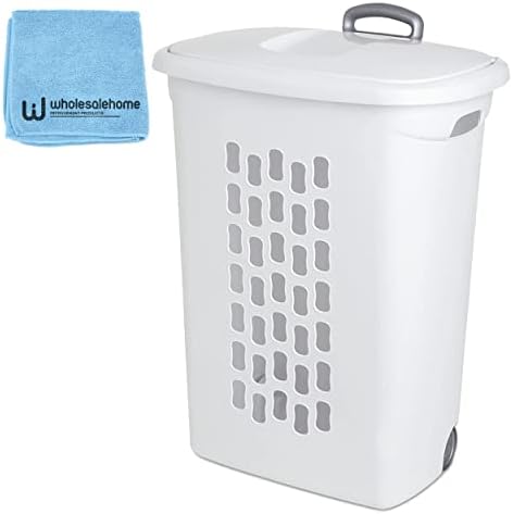 Sterilite Plastic Laundry Hamper with Lid and Wheels - Tall White Portable Rolling Laundry Basket with Wheels and Handle for Dirty Clothes Hamper, Wholesalehome Cloth Included