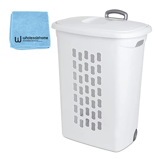 Sterilite Plastic Laundry Hamper with Lid and Wheels - Tall White Portable Rolling Laundry Basket with Wheels and Handle for Dirty Clothes Hamper, Wholesalehome Cloth Included