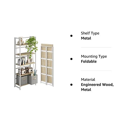 4Nm No-Assembly Folding Bookshelf Storage Shelves 5 Tiers Vintage Bookcase Standing Racks Study Organizer Home Office (Natural And White) #TOP6