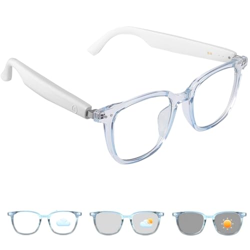 Smart Glasses for Women Men, Open-Ear Bluetooth Glasses with Photochromic Lenses, Touch Control Voice Assistant Clear Audio, Stylish Pale Blue Clear Frame Wearable Tech Glasses for Working Relaxing