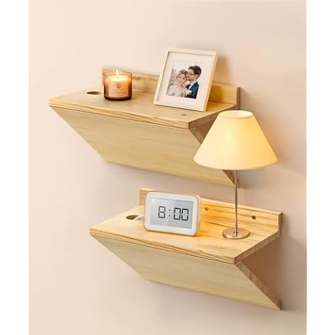 Sivapleso Floating Nightstand, Rustic Wooden Floating Bedside Table Z-Shape Wall Mounted Nightstand Small Hanging Night Stands for Bedroom (2, Natural Wood) Cover