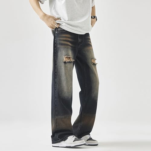 Men’s Ripped Gradient Washed Jeans Straight Leg Denim Pants with Knee Distressing and Vintage Fade Street Style2