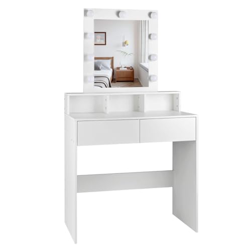 Tocador de maquillaje con Luz | Mueble tocador con Espejo 2 cajones y estantes de almacenamiento | Mesa de maquillaje moderno blanco para dormitorio, cómoda organizadora cosméticos y joyas
